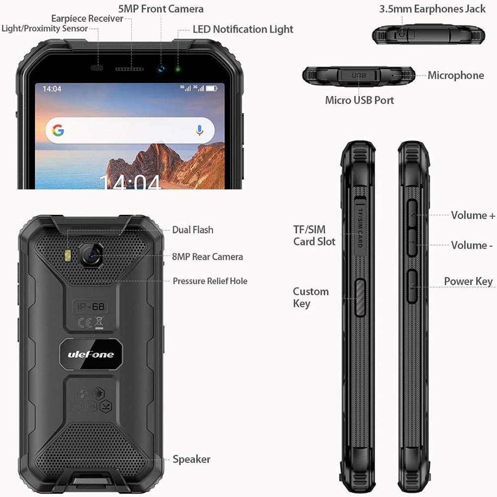 Rugged Phones Armor X6 IP68/69K Dustproof Waterproof Smartphone Global 3G Dual SIM 5.0 inches Bluetooth, GPS, Compass